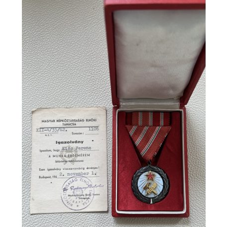 Hungarian Labour Merit Medal 1954 type with 1962 award certificate