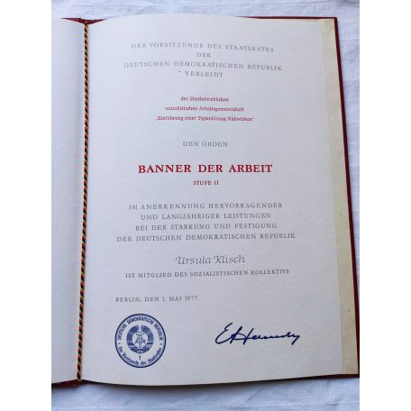 East Germany DDR Order Banner Of Labor Level II. Bartel with award certificate and case