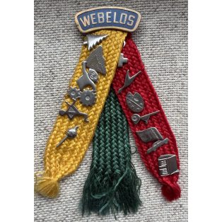   Scout: US 1960'S BSA Webelos badge - Cub Scout Den tricolor ribbons 14 merit pins