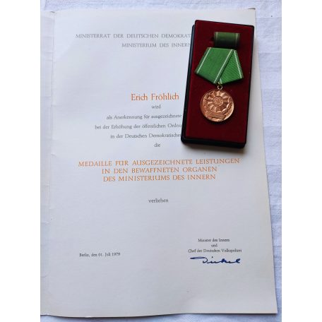 East Germany DDR Police Medal “For Outstanding Achievements” in Bronze with award certificate and case