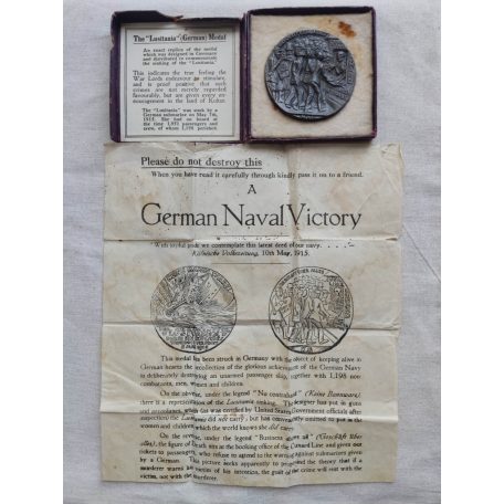 ww1 1915 Sinking of the Lusitania - German Medal in Box and Paper, rare