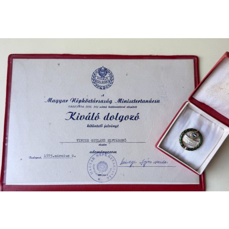 Hungarian Excellent Worker of the Ministry of Defence with award certificate 1973