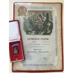   Hungarian Excellent Technical Worker Award badge and large award certificate 1954
