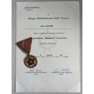 Hungarian Socialist Work Merit Medal 1957 with award certificate