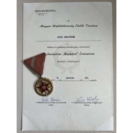 Hungarian Socialist Work Merit Medal 1957 with award certificate