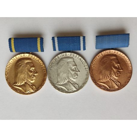 East German DDR Pestalozzi Medals "For Faithful Service" Set Gold, Silver, Bronze