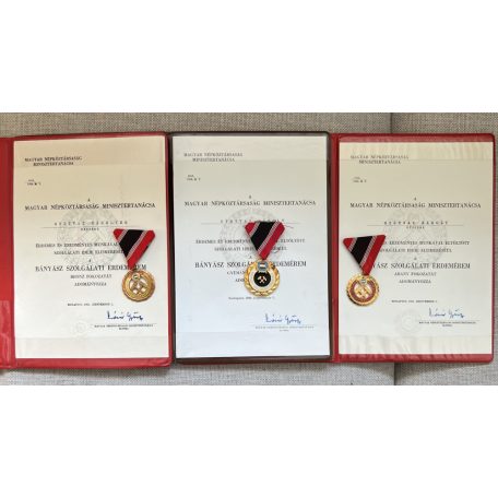 Hungarian Diamond grade Miner Merit medal lot of 3 + award certificates