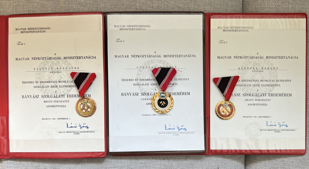 Hungarian Diamond grade Miner Merit medal lot of 3 + award c