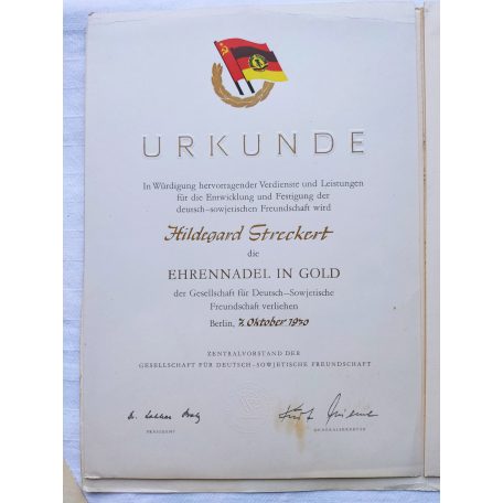 East Germany DDR "German-Soviet Friendship" with miniature and 5 years for outstanding performance with award certificate and case
