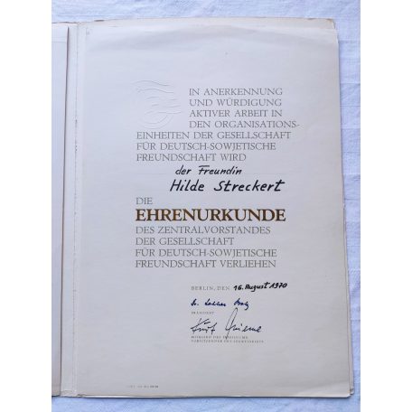 East Germany DDR "German-Soviet Friendship" with miniature and 5 years for outstanding performance with award certificate and case