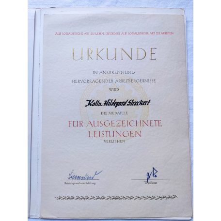 East Germany DDR "German-Soviet Friendship" with miniature and 5 years for outstanding performance with award certificate and case